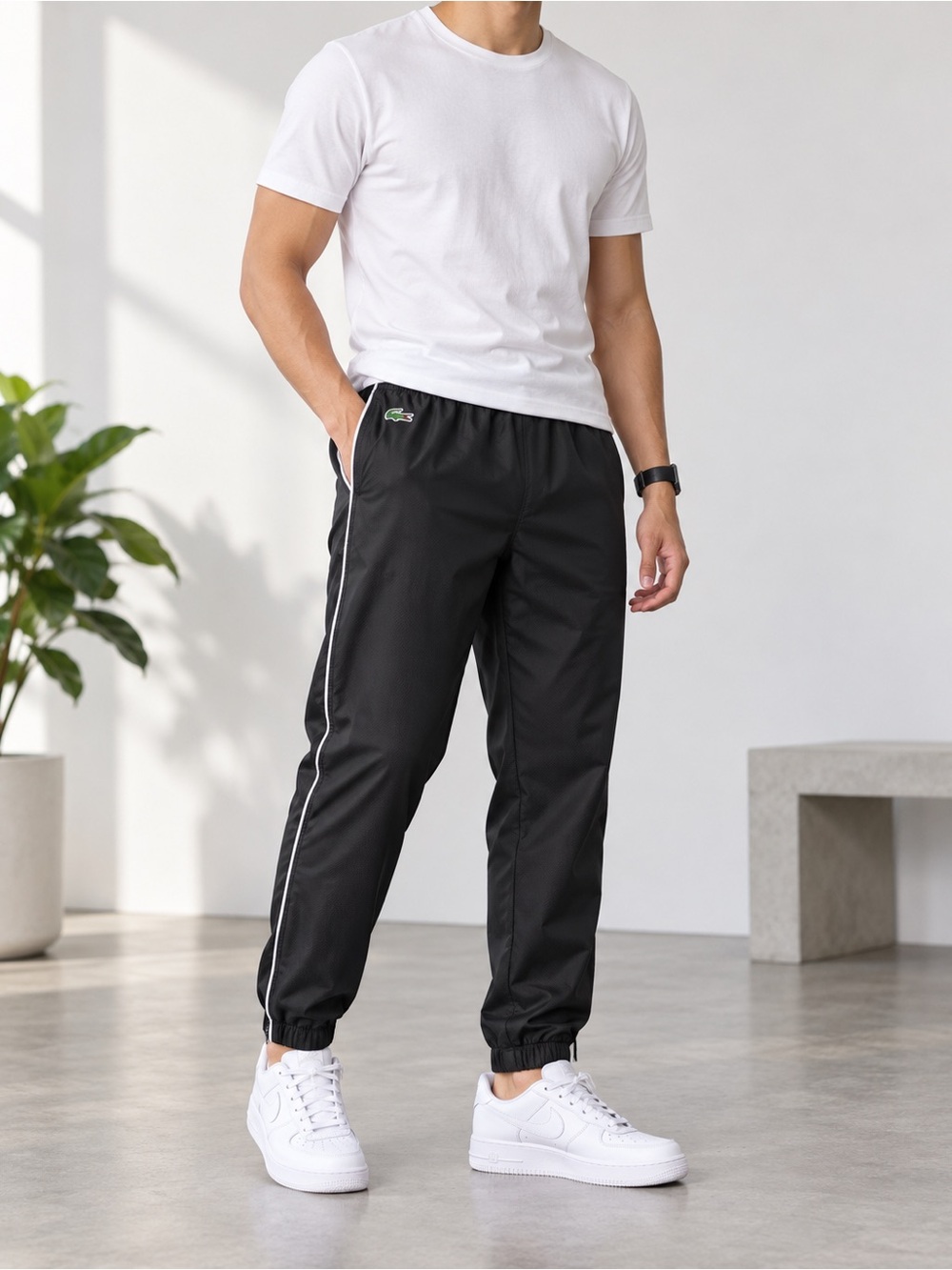 Lacoste Sport Men’s Black Track Pants Joggers White Piping
